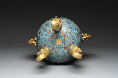 An impressive Chinese cloisonn&eacute; 'dragon' censer and cover on wooden stand, Qianlong mark and of the period