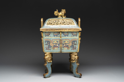 An exceptional Chinese cloisonn&eacute; &lsquo;Taotie&rsquo; censer and cover, 'fang ding 方鼎', Qianlong
