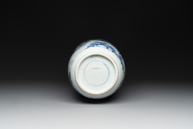 A Chinese blue and white rouleau vase with narrative design, Kangxi