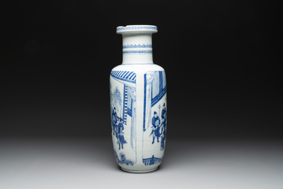 A Chinese blue and white rouleau vase with narrative design, Kangxi