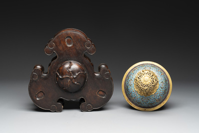 An impressive Chinese cloisonn&eacute; 'dragon' censer and cover on wooden stand, Qianlong mark and of the period