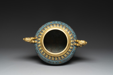 An impressive Chinese cloisonn&eacute; 'dragon' censer and cover on wooden stand, Qianlong mark and of the period