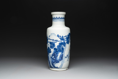 A Chinese blue and white 'deer and crane' rouleau vase, Kangxi