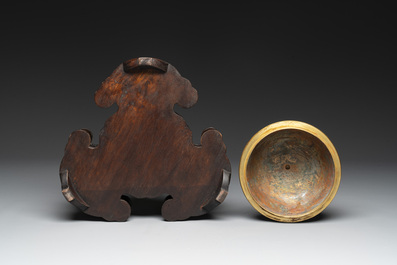 An impressive Chinese cloisonn&eacute; 'dragon' censer and cover on wooden stand, Qianlong mark and of the period