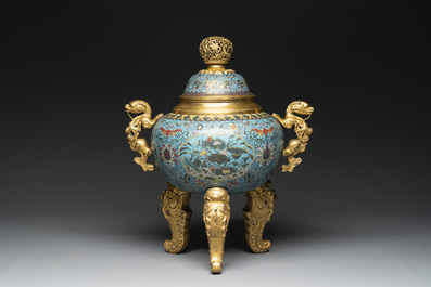 An impressive Chinese cloisonn&eacute; 'dragon' censer and cover on wooden stand, Qianlong mark and of the period
