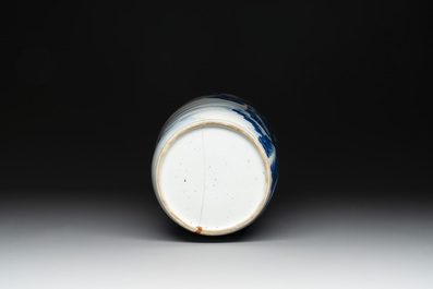 A Chinese blue and white 'deer and crane' rouleau vase, Kangxi