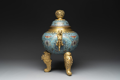An impressive Chinese cloisonn&eacute; 'dragon' censer and cover on wooden stand, Qianlong mark and of the period