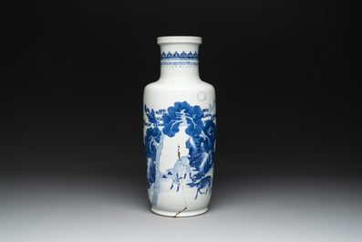 A Chinese blue and white 'deer and crane' rouleau vase, Kangxi