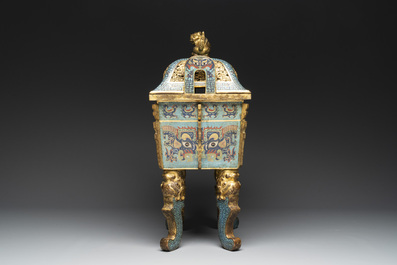An exceptional Chinese cloisonn&eacute; &lsquo;Taotie&rsquo; censer and cover, 'fang ding 方鼎', Qianlong