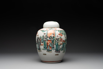 A Chinese famille verte covered jar, two vases mounted as lamps and a tazza, 19th C.