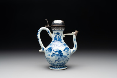 A Chinese silver-mounted blue and white 'Mongolian hunt' ewer, Transitional period