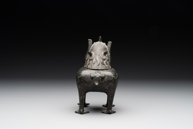 A Chinese bronze 'luduan' incense burner and cover, Ming