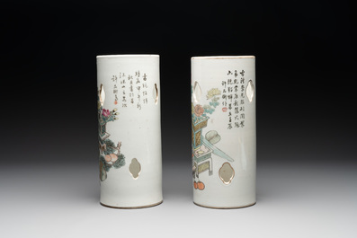 Two Chinese qianjiang cai 'antiquities' hat stands, signed Xu Pinheng 許品衡, Guangxu mark, dated 1892 and 1894