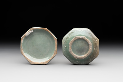 A Chinese Longquan celadon box and cover with anhua peony design, Song