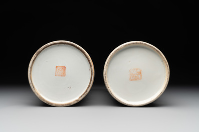 Two Chinese qianjiang cai 'antiquities' hat stands, signed Xu Pinheng 許品衡, Guangxu mark, dated 1892 and 1894