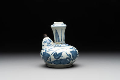 A Chinese blue and white 'kraak' porcelain 'bird' kendi, Wanli
