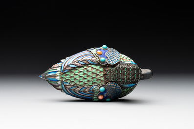 Two Chinese precious stone inset, enamelled and filigree silver mandarin duck-form boxes and covers, 19/20th C.