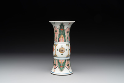 A Chinese famille verte 'gu' vase with stylised floral design, Kangxi