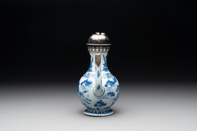A Chinese silver-mounted blue and white 'Mongolian hunt' ewer, Transitional period