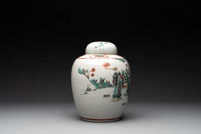 A Chinese famille verte covered jar, two vases mounted as lamps and a tazza, 19th C.