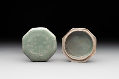 A Chinese Longquan celadon box and cover with anhua peony design, Song
