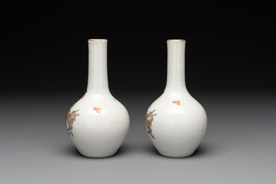 A pair of Chinese famille rose 'Lan Caihe' bottle vases, 19th C.