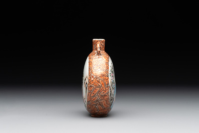 A small Chinese famille rose 'faux-marbre' and 'European subject' moonflask, Qianlong mark, 20th C.