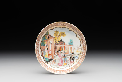 A fine Chinese Canton famille rose 'mandarin subject' cup and saucer, Qianlong