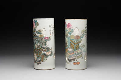 Two Chinese qianjiang cai 'antiquities' hat stands, signed Xu Pinheng 許品衡, Guangxu mark, dated 1892 and 1894
