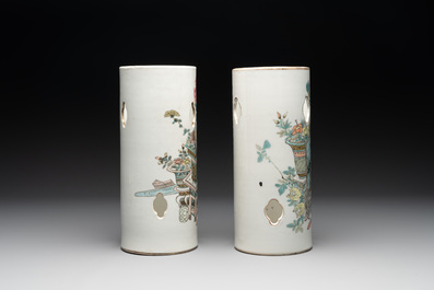Two Chinese qianjiang cai 'antiquities' hat stands, signed Xu Pinheng 許品衡, Guangxu mark, dated 1892 and 1894
