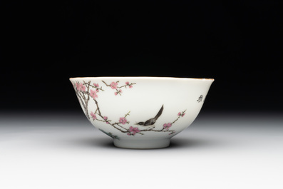 A Chinese famille rose bowl with birds amongst branches, 20th C.