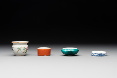 A collection of nine Chinese blue and white, monochrome and famille rose bird feeders, 19th C.