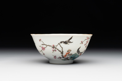 A Chinese famille rose bowl with birds amongst branches, 20th C.