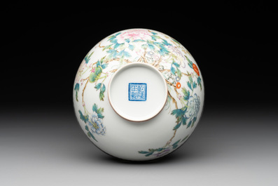 A Chinese famille rose eggshell 'peonies' bowl, Qianlong mark, 20th C.