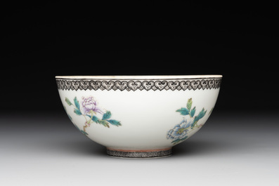 A Chinese famille rose eggshell 'peonies' bowl, Qianlong mark, 20th C.