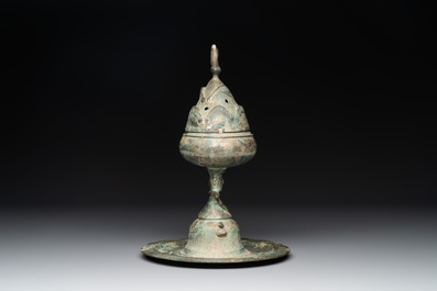A Chinese bronze 'immortal' 'boshanlu' censer and cover with a tomobako, Western Han