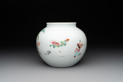 An extremely rare Chinese famille rose globular 'lady and boys' jar, Yongzheng