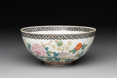 A Chinese famille rose eggshell 'peonies' bowl, Qianlong mark, 20th C.