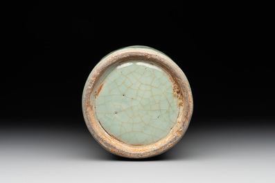 A Chinese Longquan celadon cylindrical vase with incised floral design, Ming