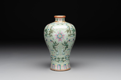 A Chinese celadon-ground famille rose 'meiping' 'flower scroll' vase, Qianlong mark and of the period