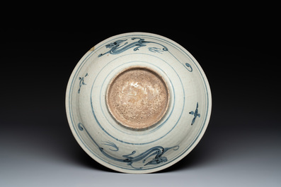 A Chinese Swatow blue and white 'kylin' dish, Ming