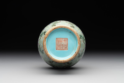 A Chinese celadon-ground famille rose 'meiping' 'flower scroll' vase, Qianlong mark and of the period