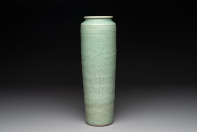 A Chinese Longquan celadon cylindrical vase with incised floral design, Ming