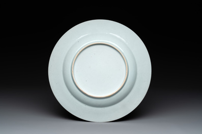 A Chinese famille rose ruby-ground 'rooster' dish, Yongzheng