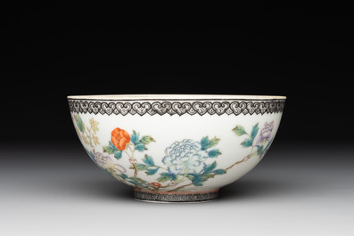 A Chinese famille rose eggshell 'peonies' bowl, Qianlong mark, 20th C.