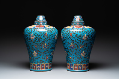A pair of large Chinese cloisonn&eacute; 'lotus scroll' 'meiping' vases and cover, Republic