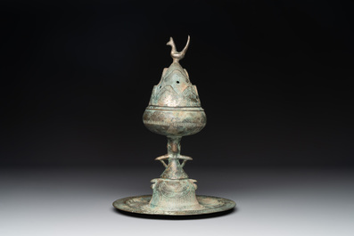 A Chinese bronze 'immortal' 'boshanlu' censer and cover with a tomobako, Western Han