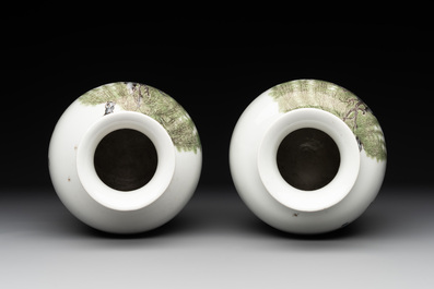 A pair of Chinese famille rose lantern-shaped vases with figures and cows, Qianlong mark, Republic