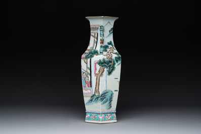 A Chinese Canton famille rose hexagonal vase with narrative design, 19th C.