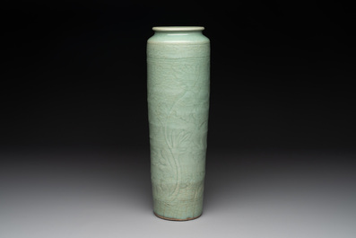 A Chinese Longquan celadon cylindrical vase with incised floral design, Ming